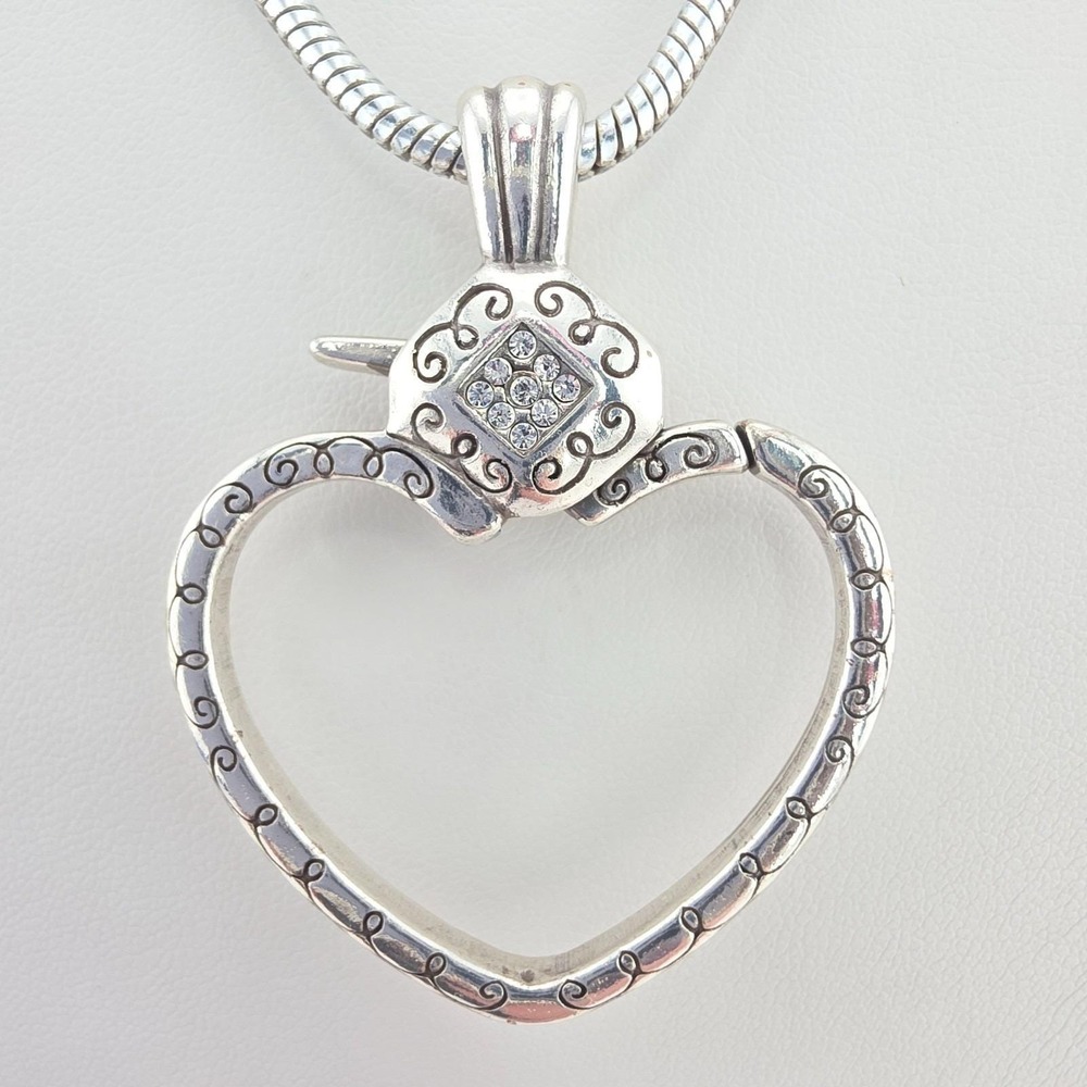BRIGHTON Squeeze My Heart Charm Holder Necklace Crystal Scroll Silver Plate 18"